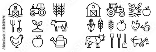 Agricultural elements and farming equipment like barn, tractor, cow, chicken, wheat, corn, and garden implements