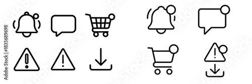 Outline user interface icons: notification bell, shopping cart, chat bubble, warning sign, download arrow