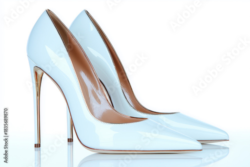 Stylish high heels in white color with shiny finish and thin stiletto heels placed on a plain background