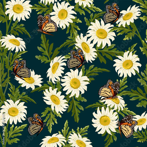Colored background with white daisies and butterflies.Bouquets of daisies and bright butterflies on a colored background in a seamless vector pattern.