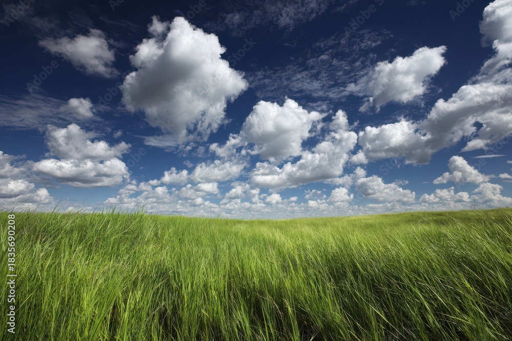 Fototapeta premium Vibrant Green Meadow Under a Clear Blue Sky with Fluffy White Clouds