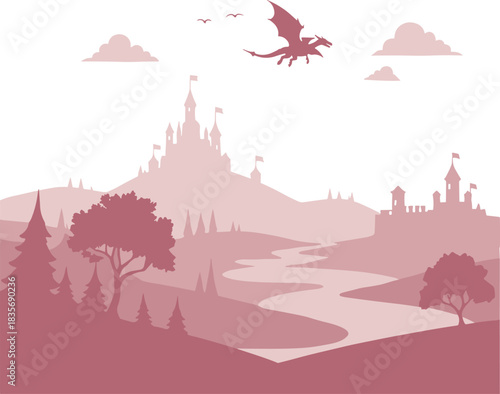 Fantasy castle landscape with flying dragon, magical medieval scenery, enchanted kingdom illustration featuring mountains, forest, and winding river in soft colors