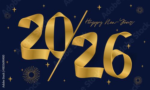 Happy New Year 2026. Golden modern style design, concept illustration, banner, poster and background. 2026 gold text effect firework star confetti background. Vector design.