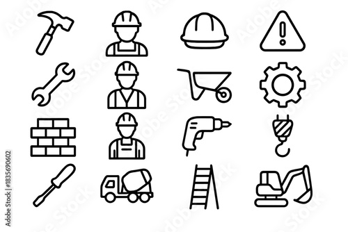 Outline icons of construction workers, building tools, and heavy machinery equipment
