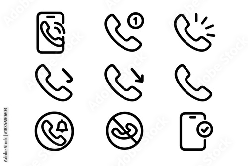 Communication icons set featuring ringing phone, missed call, incoming, outgoing, and silent mode