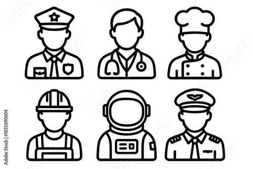 Set of six outline icons for diverse professional occupations and essential workers