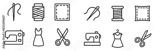 Minimalist black symbols for sewing, tailoring, and textile craft equipment