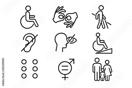 Line icons set for accessibility, inclusion, disability, sign language, gender, and family symbols