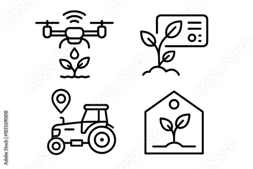 Precision agriculture technology featuring drone irrigation, data monitoring, GPS tractor, and controlled greenhouse