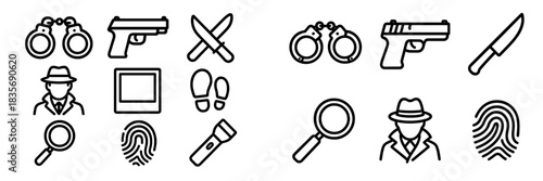 Set of outline icons for criminal investigation, evidence, and detective tools