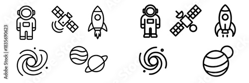 Minimalist line art depicting space exploration, astronauts, rockets, and celestial objects