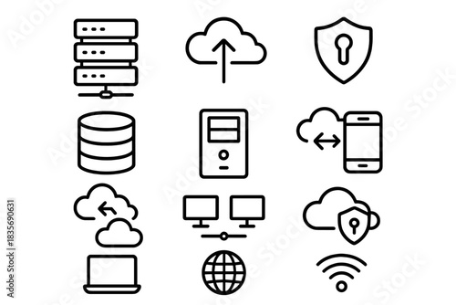 Essential line icons set for data storage, cloud computing, networking, and security