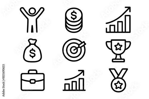 Business success and financial achievement symbols including growth charts, money, trophy, and target