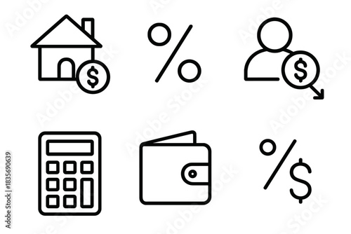 Financial and real estate symbols for budgeting, mortgage, interest, debt, and savings management