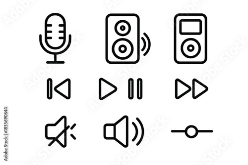 Outline symbols for audio and media player controls: microphone, speaker, volume, playback