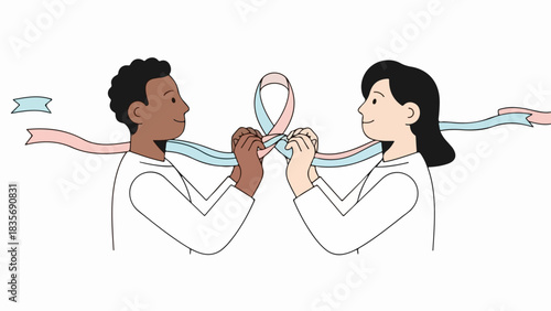 Diverse individuals tying unity collaboration ribbons, symbolizing joint effort toward a shared goal. Pink and blue ribbons signify partnership, representing combined strength, connection.