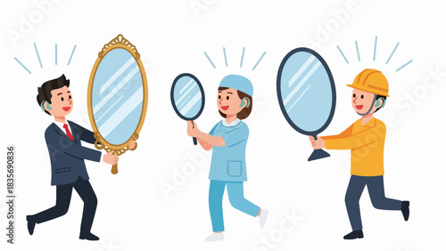 December 4, 2025 image, 005 (7): Three different people looking in mirrors of different sizes. December 4, 2025 image, 005 (7) shows reflections of professional identities, revealing a businessman,
