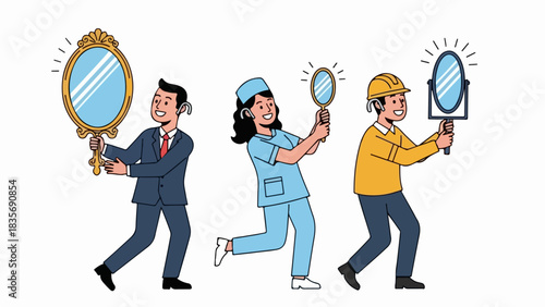 Employees with mirrors, employees with mirrors presenting their reflection showing occupations: businessman, doctor and builder. Employees with mirrors displaying various professions,