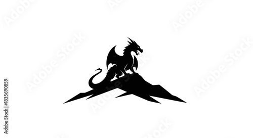 Black silhouette of a mythical dragon on a mountain peak.