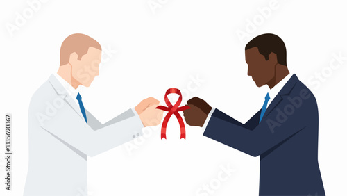 December 4, 2025 image presents two people of different races, handing over a red awareness ribbon. December 4, 2025 image symbolizes cooperation and support,
