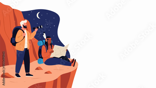 December 4, 2025 image showcases two hikers atop cliff. December 4, 2025 image depicts traveler using binoculars and woman reading map beneath moonlit sky. This December 4,