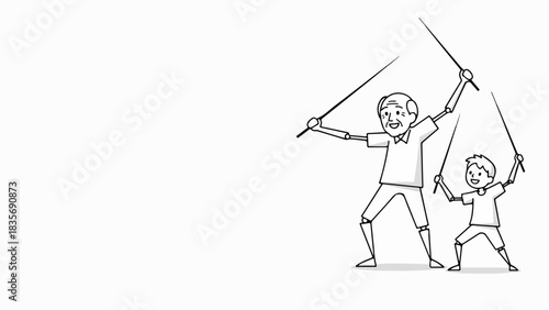 December 4, 2025 image of happy father and son duo playing, illustrated as simple line drawing. December 4, 2025 image captures playful moment with strings attached,