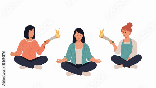 Three women in meditation poses with lit smudge sticks, representing 2025-12-04_image_004 (1). The women are sitting cross-legged in yoga positions, with one holding a smudge stick,