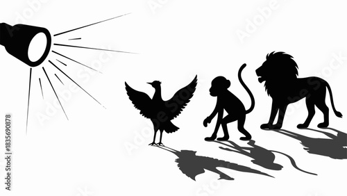 2025-12-04_image_004 (5) depicting shadowy figures of animals illuminated by bright spotlight. 2025-12-04_image_004 (5) creates a visual story with shadows cast by a bird, monkey, and lion,