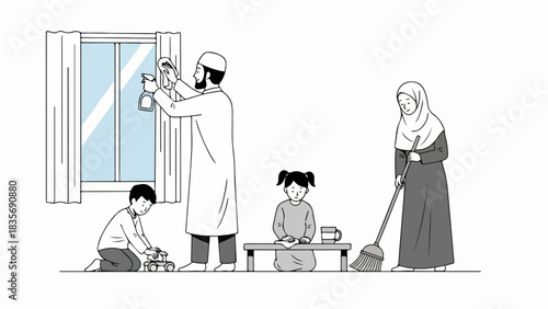 "2025-12-04_image_004 (8)" depicting Muslim family cleaning house together, father sprays glass cleaner on window, mother sweeps floor, children play nearby.