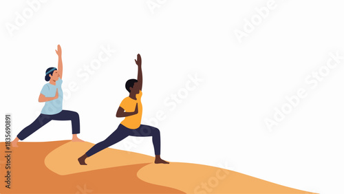 Image of December 4, 2025 shows two people performing a yoga pose on sand dunes, fitness lifestyle. Image of December 4, 2025 demonstrating healthy activity and mindfulness in outdoor setting.
