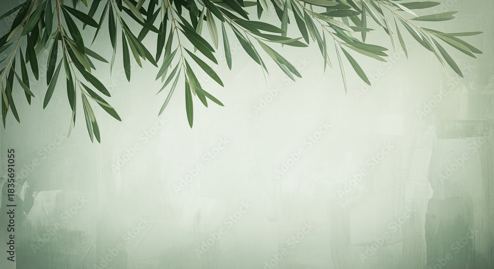 Obraz premium Green leafy branches hang from the top against a soft misty background. The gentle natural scene works well for wellness themes, spa designs, organic products, or calming backgrounds.