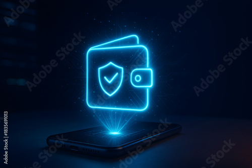 Glowing neon secure wallet hologram above smartphone on dark background, concept of mobile payment security, digital banking, cryptocurrency storage and data protection
