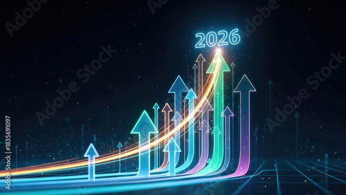 Glowing 2026 digits surrounded by upward blue and green arrows, symbolizing growth, progress, and digital innovation for the new year and markets.