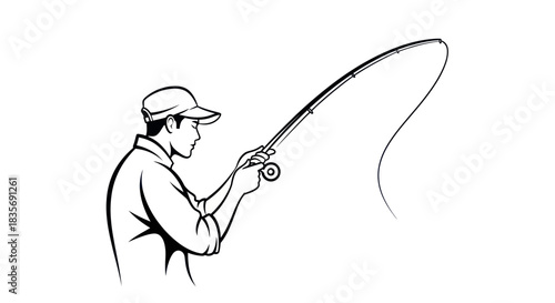 Black and white line art drawing of a fisherman casting his rod.