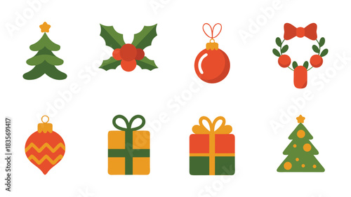 Collection of Flat Christmas Holiday Icons and Decorations