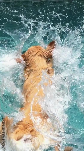 Adorable golden retriever dog energetically jumping into the blue water of a swimming pool to fetch a bright yellow tennis ball, making a big splash on a sunny summer day