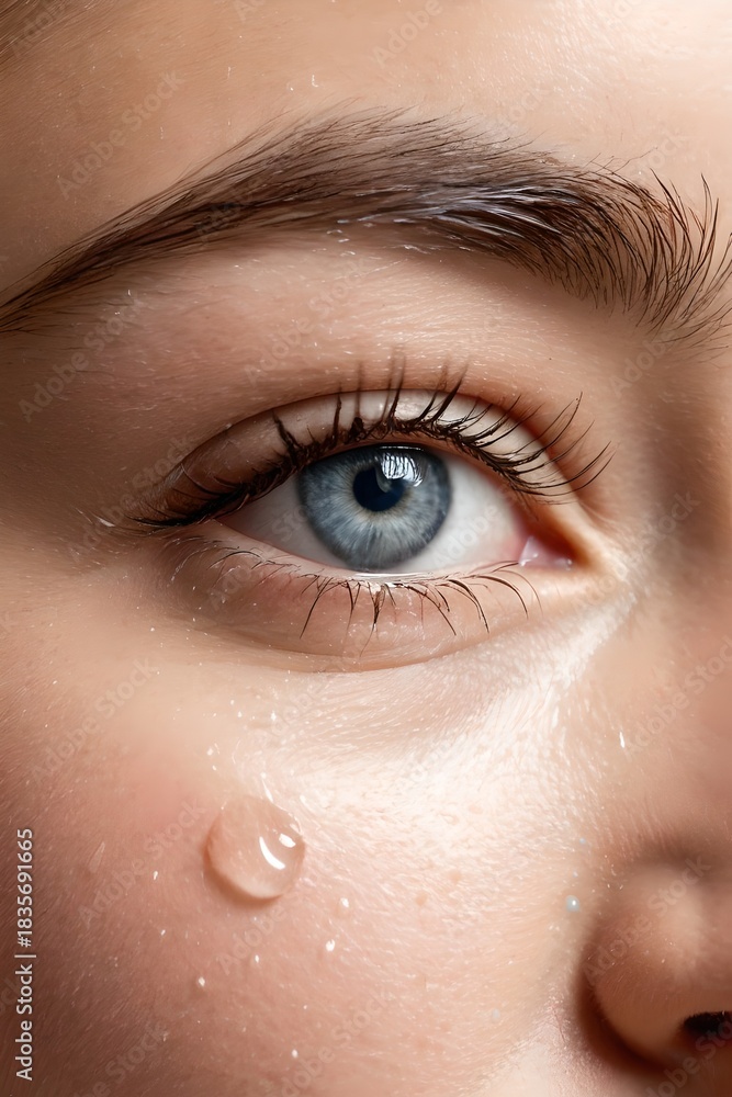 Fototapeta premium Close-up of a person's eye and nose with a water droplet on the skin