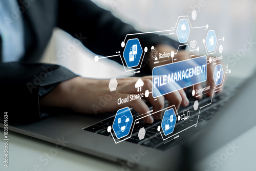 Schilderij op canvas A professional individual interacts with a laptop to manage files efficiently, showcasing cloud storage options, data backup strategies, and modern technology