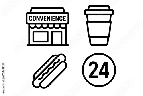 Convenience store offerings including 24 hour availability, hot dog, and disposable coffee cup