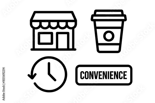 Essential outline symbols representing quick service, retail, and time management concepts