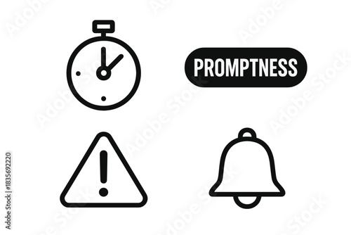 Stopwatch, warning sign, and notification bell icons for urgency and time management