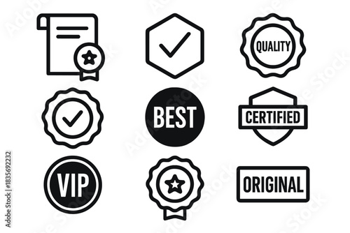 Set of nine quality assurance badges, certification seals, and guarantee icons