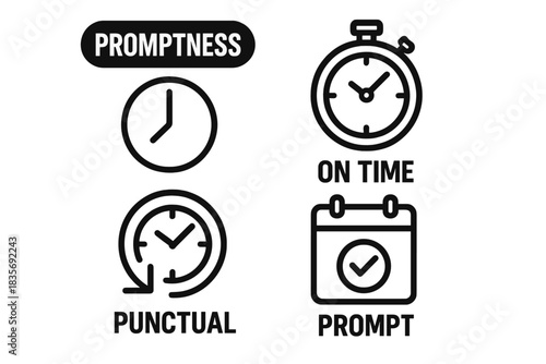 Four black and white outline symbols for promptness, punctuality, and time management concepts
