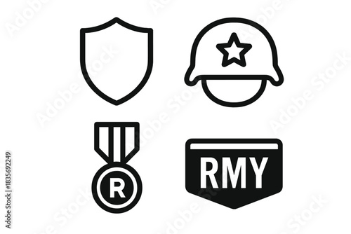 Monochrome military and security emblems featuring a shield, helmet, medal, and army insignia