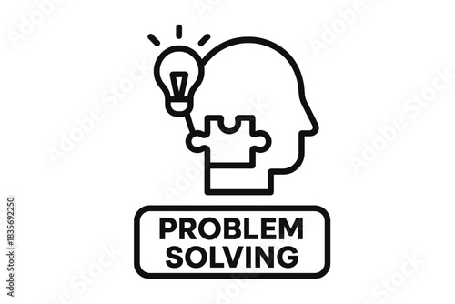 Human head profile with a light bulb idea and a puzzle piece fitting into the mind