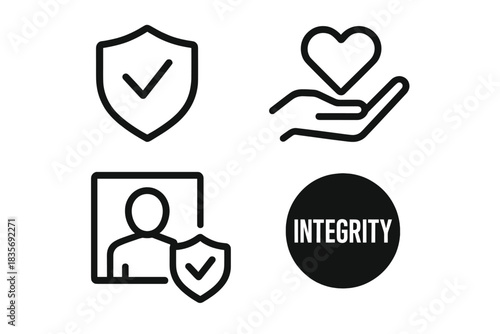 Abstract line icons representing concepts of security, integrity, protection, and ethical values