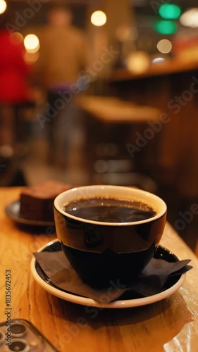Bright evening coffee with reflective shine, Quiet nighttime cafe scene with warm tones and soft steam