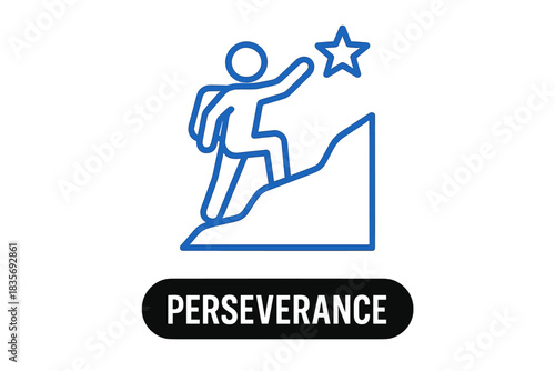 Determined person climbing a steep mountain peak to reach a shining star of success and achievement