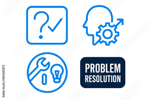 Set of blue line icons representing problem solving, idea generation, and continuous improvement