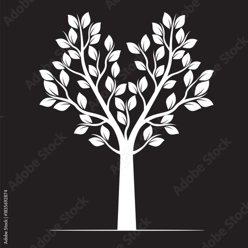 White Tree with Leaves o black background. Vector outline Illustration. Plant in Garden.